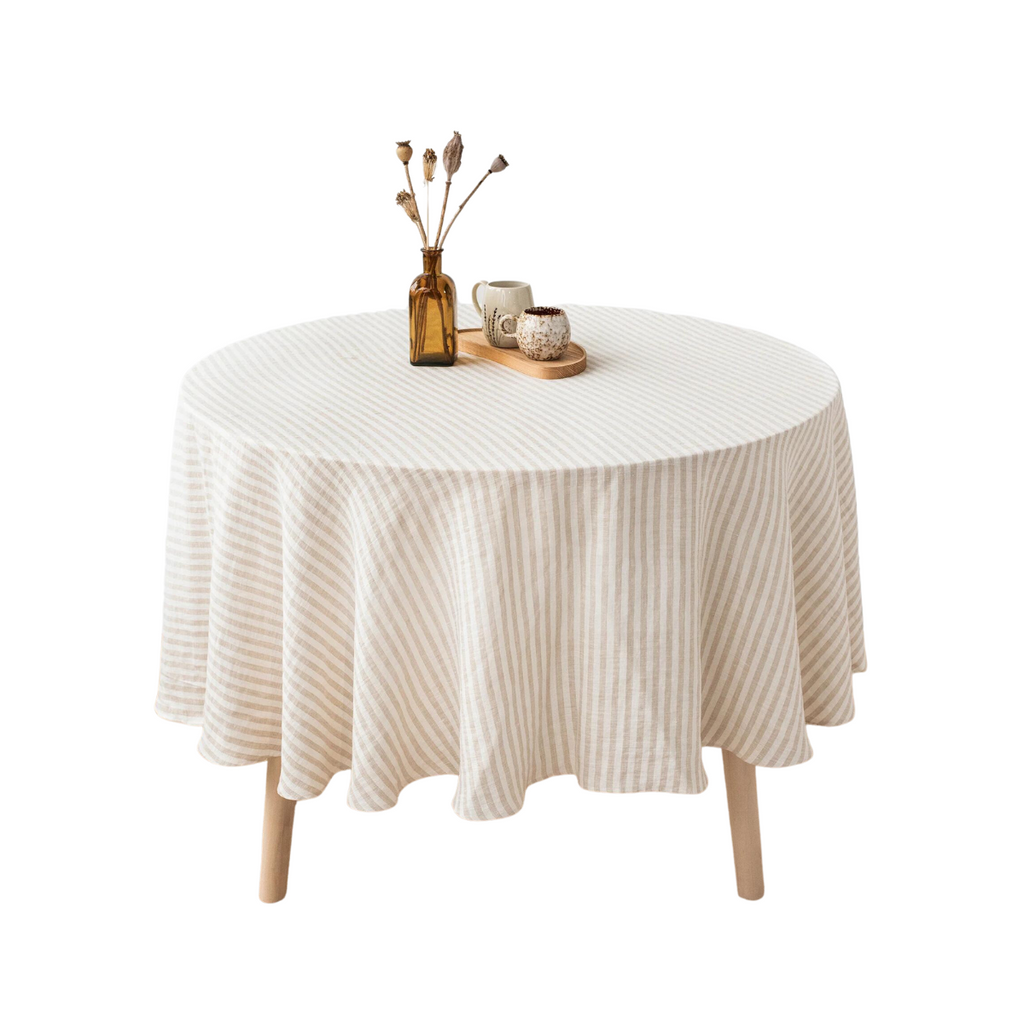 Round Linen Striped Tablecloth