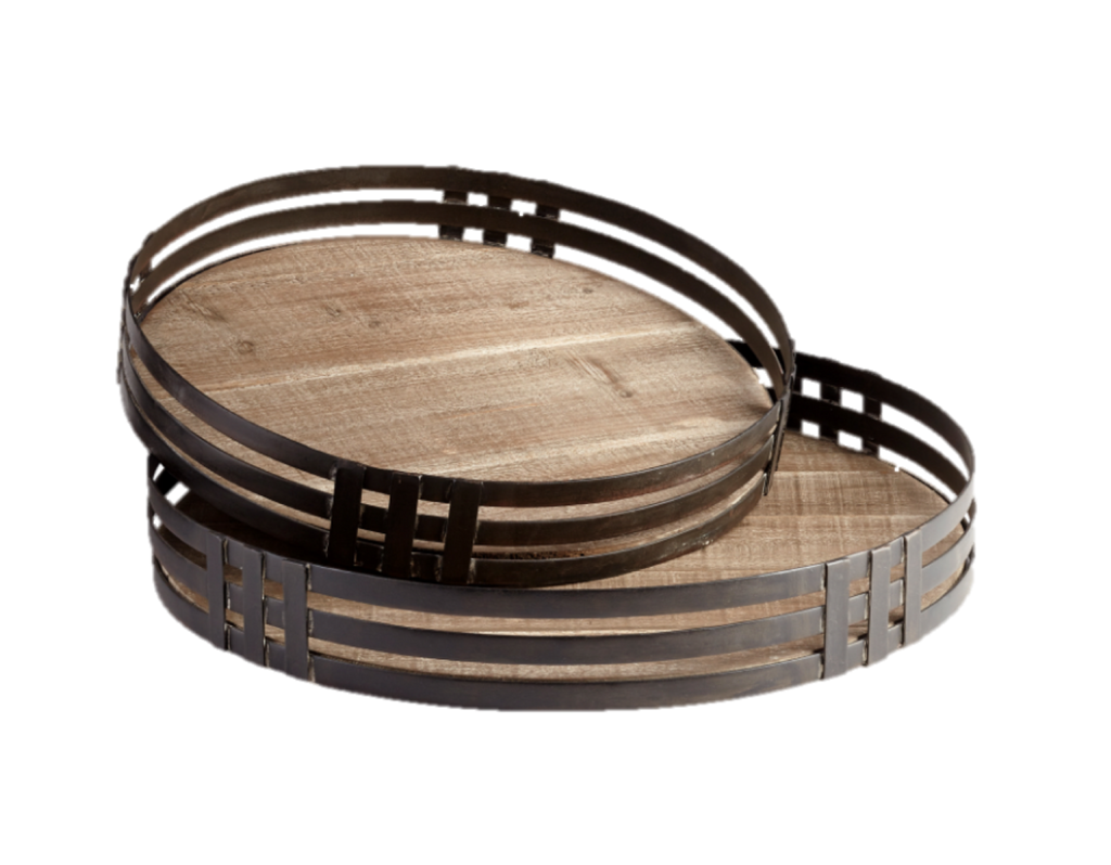 Round Wood Tray with Bronzed Iron Rim, Large